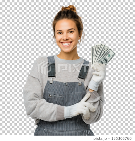 Happy woman worker money, smiling female holding cash, casual workwear gloves, isolated studio portrait 135305760