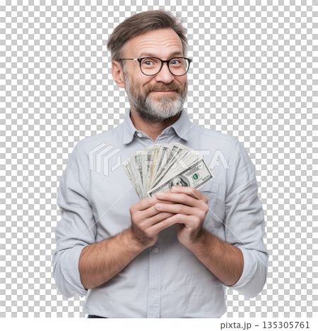 Happy man money cash success, smiling male holding dollar banknote fan 135305761