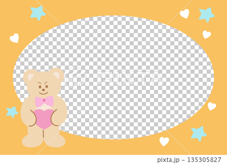 Rectangle orange frame with teddy bear, heart and star pattern for polaroid photo, ad template, social media post, decoration, notepads, sticky note, memo, print, poster, post card, Valentine's Day 135305827