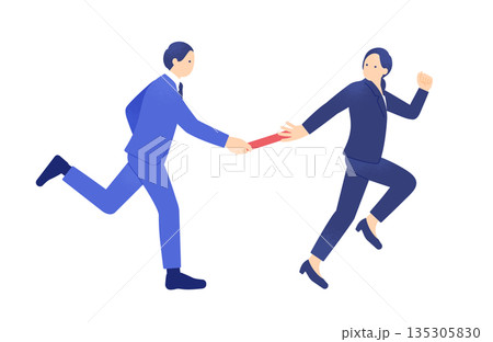 事業承継や業務の引き継ぎ。バトンを渡す男女のビジネスイラスト。 135305830