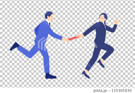 事業承継や業務の引き継ぎ。バトンを渡す男女のビジネスイラスト。 135305830