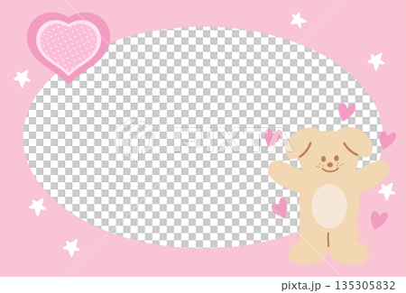 Rectangle pink frame with puppy, heart and star pattern for polaroid photo, ad template, social media post, decoration, notepads, sticky note, memo, print, poster, dog post card, animal, pet, vet 135305832