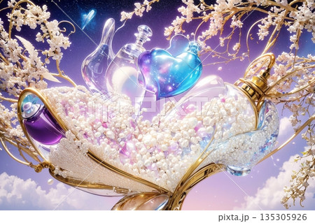高級感あふれるハート型香水と桜の花 135305926