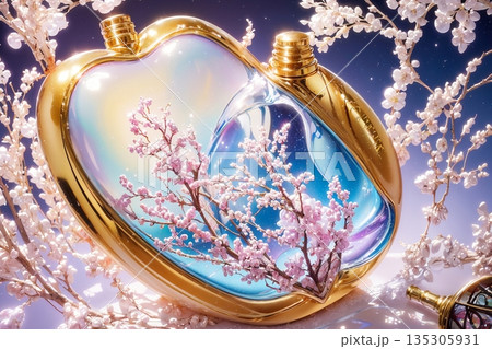 春の光に包まれたハート型香水と桜 135305931