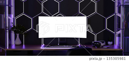White screen computer and vision headset on wooden table with neon purple monitor backlighting. White screen computer and vision headset on wooden table with neon purple monitor backlighting. 135305981