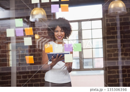 African American woman in business attire using tablet behind board with sticky notes at workspace African American woman in business attire using tablet behind board with sticky notes at workspace 135306398