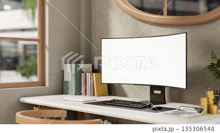 Blank screen computer aside calculator and gold coin with book and folder on working table in office 135306548