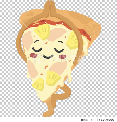 Adorable cartoon illustration of a pizza slice character practicing yoga pose with a calm smile and melted cheese texture. Pineapple toppings and soft pastel colors create a fun, relaxing, Adorable cartoon illustration of a pizza slice character practicing yoga pose with a calm smile and melted cheese texture. Pineapple toppings and soft pastel colors create a fun, relaxing, 135306550