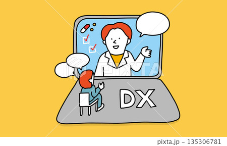 医療DXで実現するオンライン診療と遠隔相談のイラスト 135306781