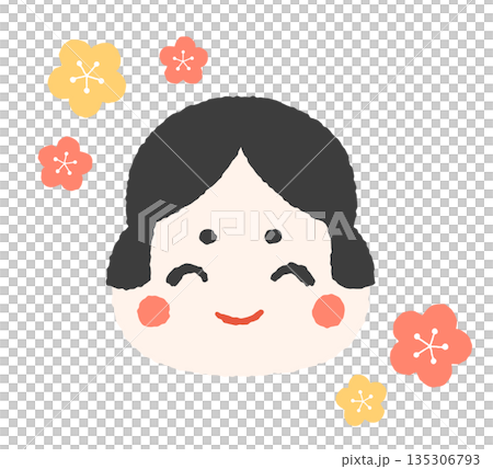 Smiling Otafuku face and plum blossoms Smiling Otafuku face and plum blossoms 135306793