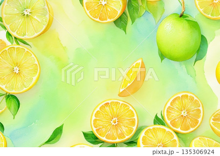 レモン果実の水彩風フルーツパターン 135306924