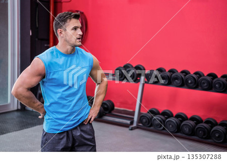 Muscular male posing hands on hips in gym featuring dumbbell rack and glass door, copy space Muscular male posing hands on hips in gym featuring dumbbell rack and glass door, copy space 135307288