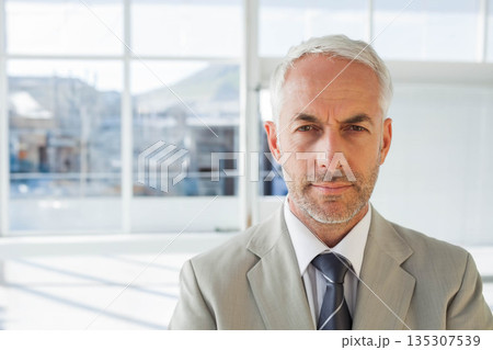 Male in suit jacket with necktie standing in corporate office next to window panes, copy space Male in suit jacket with necktie standing in corporate office next to window panes, copy space 135307539