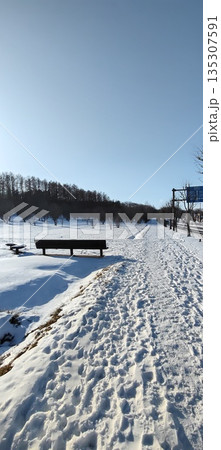 wooden bench in winter 135307591