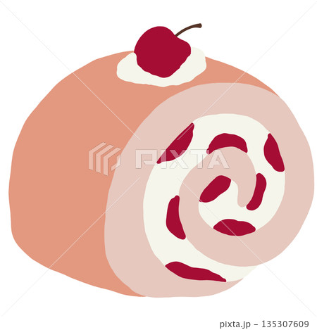 Illustration of cherry cream roll drawing for sweet dessert, snack, cafe, restaurant, menu, recipe, baking, cook book, bakery, pastry, department store, supermarket, mart, kids favourite, icon 135307609