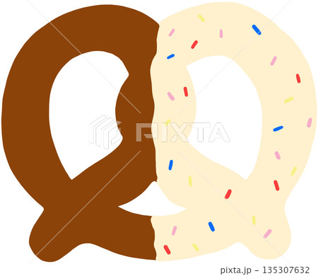 Hand drawn pretzel flavours of white chocolate and sprinkles for bakery, pastry, fast food, menu, recipe, sweet dessert, baking book, cafe, restaurant, grocery shopping, American snack 135307632