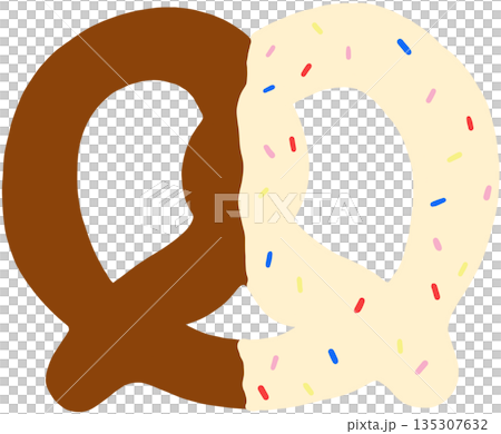 Hand drawn pretzel flavours of white chocolate and sprinkles for bakery, pastry, fast food, menu, recipe, sweet dessert, baking book, cafe, restaurant, grocery shopping, American snack 135307632