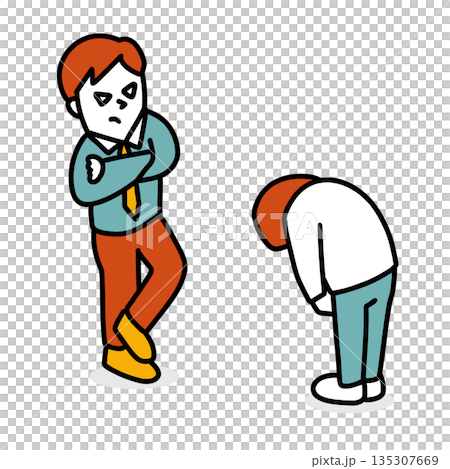 頭を下げて謝罪する人と怒っているビジネスマンのイラスト 135307669