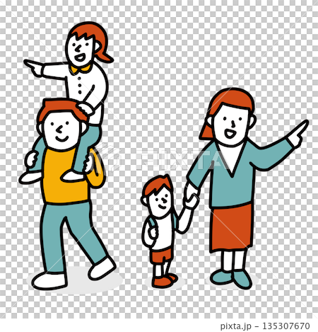 A child being carried on the shoulders of his father and another child being led by his mother - Illustration of a family who has found something 135307670