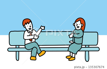 長いベンチの端に座って話し合う男性と女性のイラスト 135307674