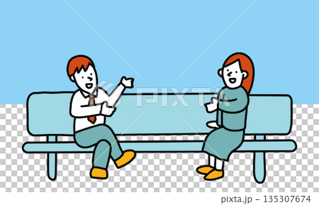 長いベンチの端に座って話し合う男性と女性のイラスト 135307674