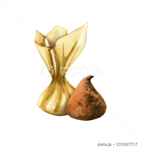 Chocolate truffle, candy in gold foil wrapper. Premium confectionery product, a gourmet dessert, candies sprinkled with cocoa powder. Hand drawn watercolor clip art isolated on transparent background Chocolate truffle, candy in gold foil wrapper. Premium confectionery product, a gourmet dessert, candies sprinkled with cocoa powder. Hand drawn watercolor clip art isolated on transparent background 135307717
