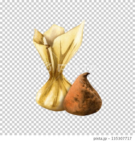 Chocolate truffle, candy in gold foil wrapper. Premium confectionery product, a gourmet dessert, candies sprinkled with cocoa powder. Hand drawn watercolor clip art isolated on transparent background 135307717