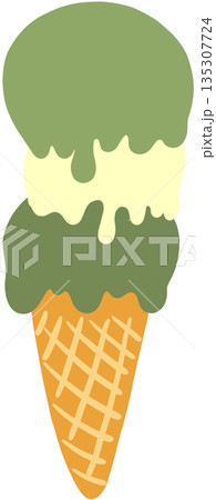 Hand drawn illustration of matcha vanilla ice cream cone for sweet dessert, cafe, restaurant, menu, recipe, baking book, stickers, food, snack, shop, kids and children, brunch, cuisine, icon, logo 135307724