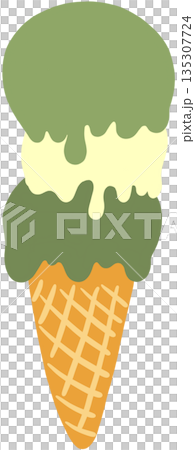 Hand drawn illustration of matcha vanilla ice cream cone for sweet dessert, cafe, restaurant, menu, recipe, baking book, stickers, food, snack, shop, kids and children, brunch, cuisine, icon, logo 135307724