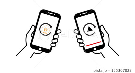 Two Hands Holding Smartphones Showing Playback And Timer On Screen. Two Hands Holding Smartphones Showing Playback And Timer On Screen. 135307822