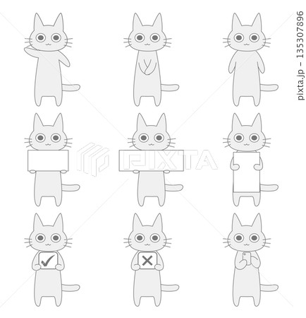 猫のイラスト ポーズ セット グレー 看板 スマホ 案内 記号 手描き風 猫のイラスト ポーズ セット グレー 看板 スマホ 案内 記号 手描き風 135307896