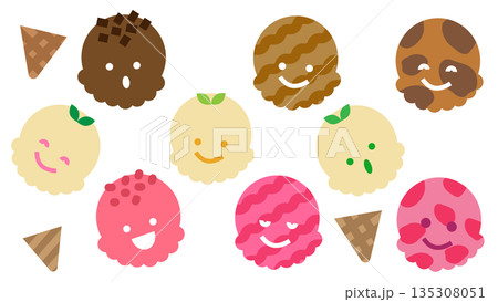 表情のあるいろいろなアイスクリームのかわいいイラストセット 135308051