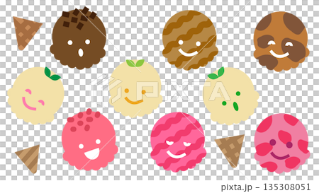表情のあるいろいろなアイスクリームのかわいいイラストセット 135308051