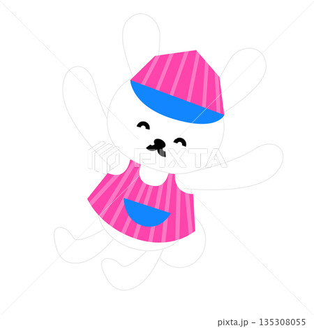 アイス屋さんの帽子をかぶってジャンプするうさぎのかわいいイラスト 135308055