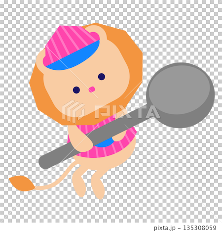 アイス屋さんの帽子をかぶってスプーンを持つライオンのかわいいイラスト 135308059