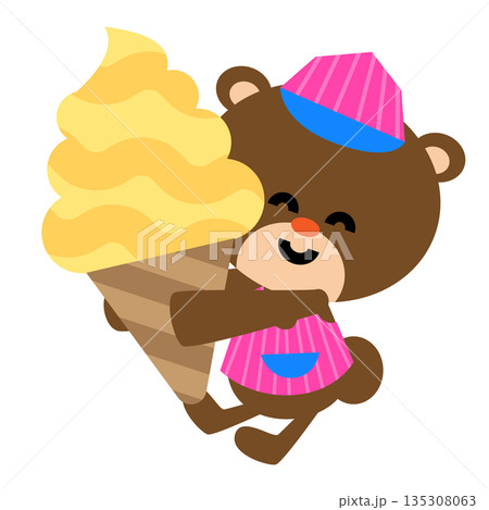 大きなアイスクリームを持って喜ぶアイス屋さんのくまのイラスト 135308063