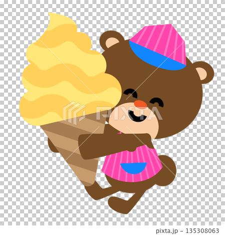 大きなアイスクリームを持って喜ぶアイス屋さんのくまのイラスト 135308063
