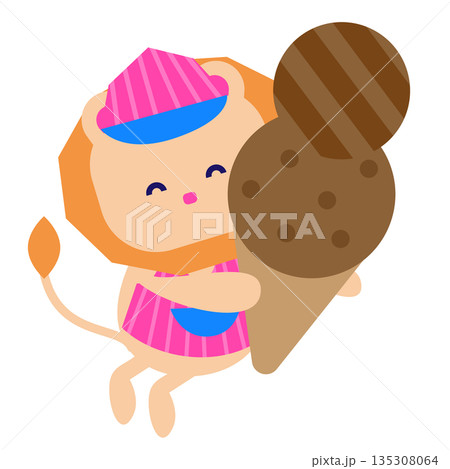 大きなアイスクリームを持ったアイス屋さんのかわいいキャラクターイラスト 135308064