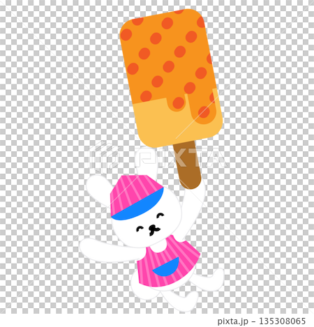 Illustration of a rabbit at an ice cream shop holding a big ice cream candy Illustration of a rabbit at an ice cream shop holding a big ice cream candy 135308065