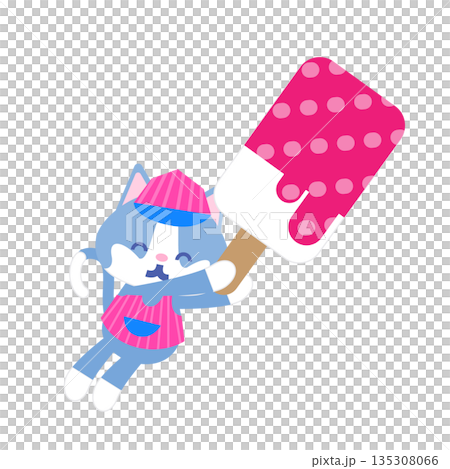 A cute illustration of a cat at an ice cream shop holding a big popsicle 135308066