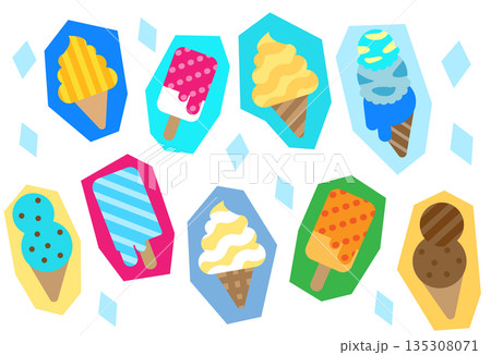 いろいろなアイスクリームが並んだポップなイラストセット 135308071