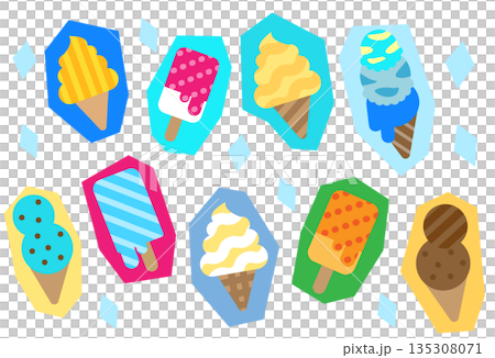 いろいろなアイスクリームが並んだポップなイラストセット 135308071