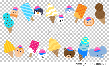 Cute illustrations of various ice creams and animal characters 135308074