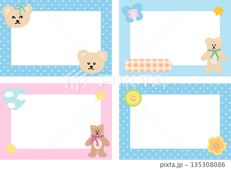 Pastel frame set with teddy bear, butterfly, cat, star, flowers, polka dot pattern for polaroid photo, rectangle ad template, social media post, decoration, notepads, sticky note, memo, animal print Pastel frame set with teddy bear, butterfly, cat, star, flowers, polka dot pattern for polaroid photo, rectangle ad template, social media post, decoration, notepads, sticky note, memo, animal print 135308086