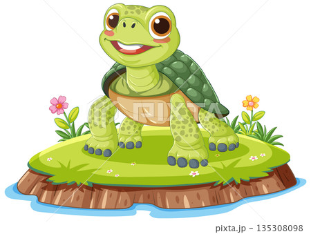 Smiling Cartoon Turtle Standing on Grassy Island 135308098