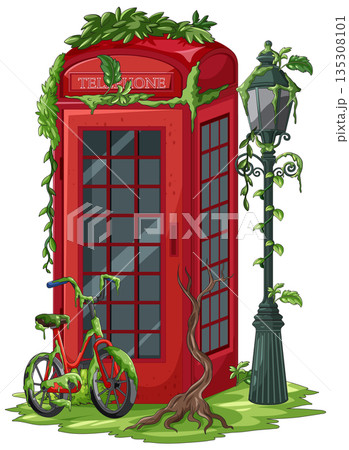 Overgrown Red Telephone Booth with Bicycle and Lamp Post 135308101