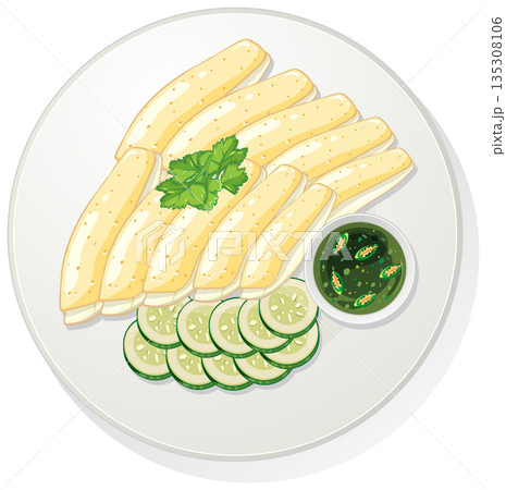 Sliced Hainanese Chicken with Cucumber and Dipping Sauce Sliced Hainanese Chicken with Cucumber and Dipping Sauce 135308106