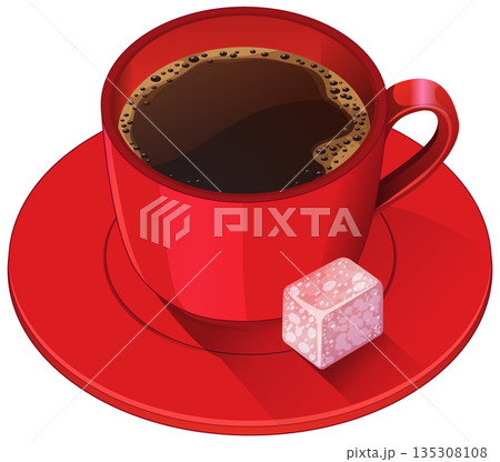 Red Cup of Turkish Coffee with Sugar Cube 135308108