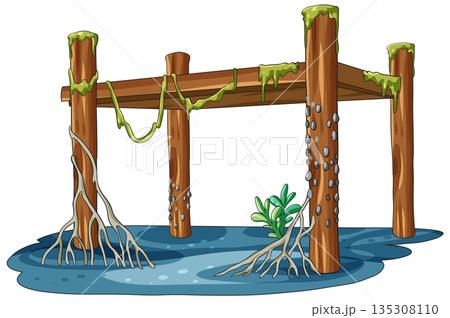Old Wooden Pier Pilings in Shallow Tidal Water 135308110
