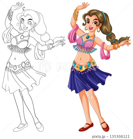 Smiling Middle Eastern Dancer in Colorful Traditional Costume Smiling Middle Eastern Dancer in Colorful Traditional Costume 135308121